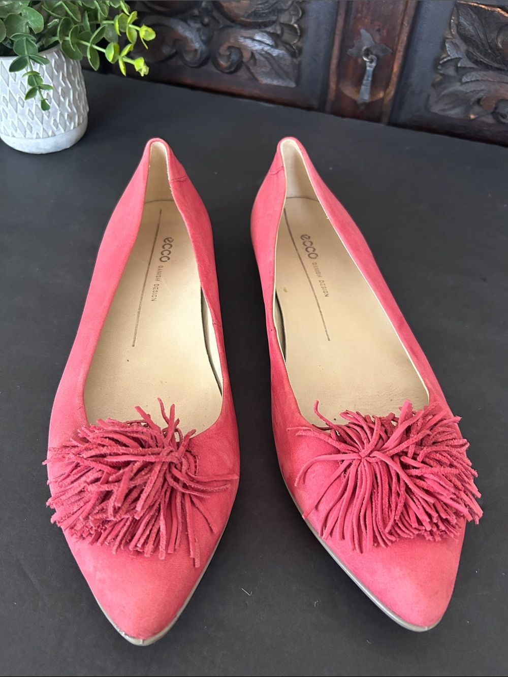 Ecco Pink Suede Pointed Toe Flats with Fringe Pom